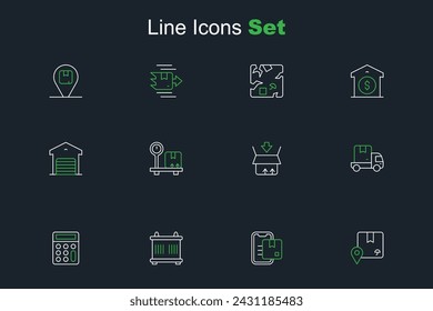 Set line Location with cardboard box, Document tracking marker, Container, Calculator, Delivery cargo truck, Carton, Scale and Warehouse icon. Vector