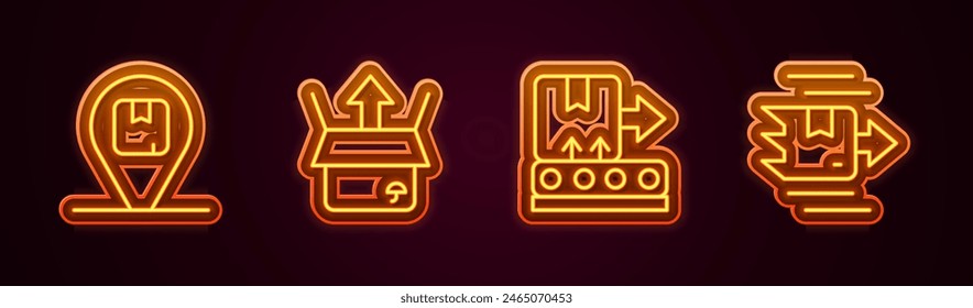 Set line Location with cardboard box, Unboxing, Conveyor belt and Carton. Glowing neon icon. Vector