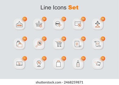 Set line Location with cardboard box, Heart tag, Paper shopping bag, percent, Shopping cart screen laptop, check and financial check,  and food icon. Vector