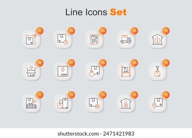 Set line Location with cardboard box, Closed warehouse, Carton, Conveyor belt, Crane, Warehouse interior boxes and  icon. Vector