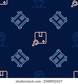 Set line Location with cardboard box, Container and Search package on seamless pattern. Vector