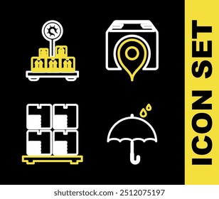 Set line Location with cardboard box, Umbrella and rain drops, Cardboard boxes pallet and Scale icon. Vector