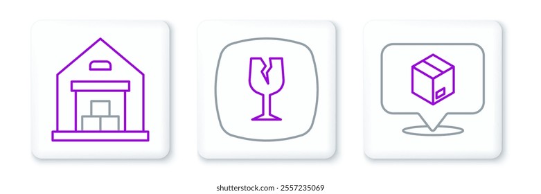 Set line Location with cardboard box, Warehouse and Fragile broken glass icon. Vector