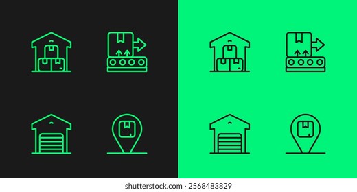 Set line Location with cardboard box, Warehouse, Full warehouse and Conveyor belt icon. Vector
