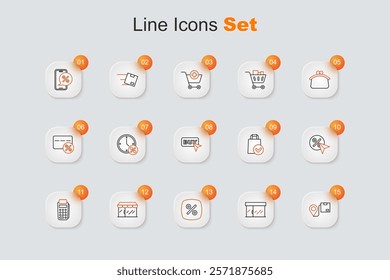 Set line Location with cardboard box, Market store, Discount percent tag, POS terminal, Paper shopping bag and Buy button icon. Vector