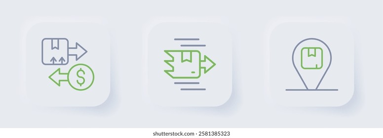 Set line Location with cardboard box, Carton and Tax icon. Vector
