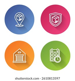 Set line Location with cardboard box, Delivery security shield, Warehouse and Cardboard calendar. Color circle button. Vector