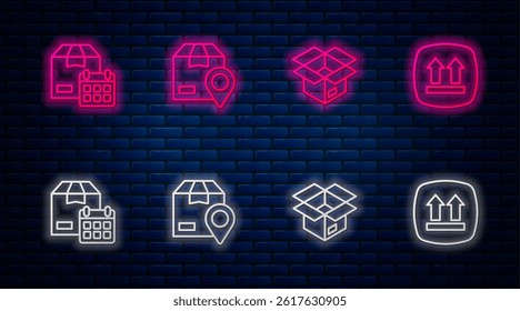 Set line Location with cardboard box, Unboxing, Cardboard calendar and This side up. Glowing neon icon on brick wall. Vector