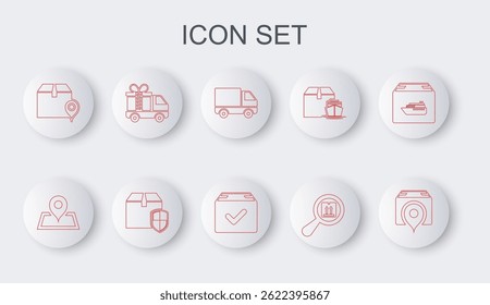 Set line Location with cardboard box, Placeholder map, Delivery cargo truck vehicle, Search package, gift, security shield and Package check mark icon. Vector