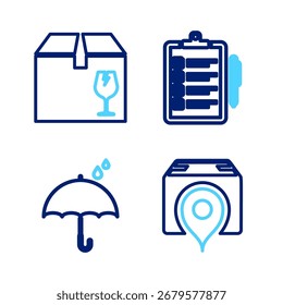 Set line Location with cardboard box, Umbrella and rain drops, Verification of delivery list and Delivery fragile content icon. Vector