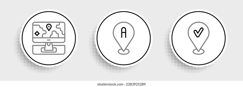 Set line Location with check mark, Monitor location marker and  icon. Vector