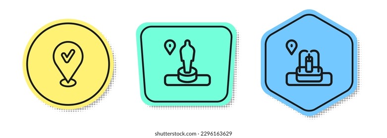 Set line Location with check mark, and monument and fountain. Colored shapes. Vector