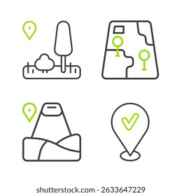 Establezca la Locación de línea con marca de verificación, montaña, navegación del mapa de la ciudad e ícono. Vector