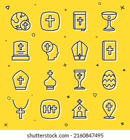 Set line Location church building, Easter egg, Holy bible book, Priest, Grave with tombstone, Christian cross globe and Pope hat icon. Vector