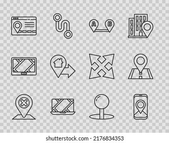Set line Location, City map navigation, Route location, Infographic of city, with house, Push pin and  icon. Vector