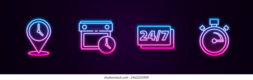 Set line Location with clock, Calendar and, Clock 24 hours and Stopwatch. Glowing neon icon. Vector