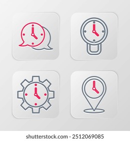 Set line Location with clock, Time Management, Clock and speech bubble icon. Vector