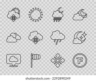 Fijar la línea Nube de ubicación, Fahrenheit, Nube con lluvia y luna, Vane de viento de sock de Cone, sol de nieve, copo de nieve e ícono. Vector