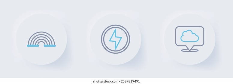 Set line Location cloud, Lightning bolt and Rainbow icon. Vector