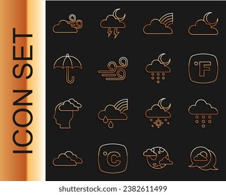 Set line Location cloud, Cloud with rain, Fahrenheit, Rainbow clouds, Windy weather, Umbrella,  and and moon icon. Vector