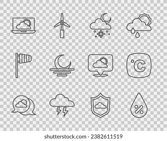 Fijar la nube de ubicación, el porcentaje de caída de agua, la nube con nieve y sol, la tormenta, el pronóstico del tiempo, la puesta de sol y el icono Celsius. Vector
