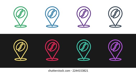 Set line Location with coffee bean icon isolated on black and white background.  Vector