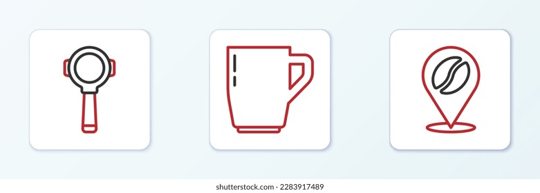 Set line Location with coffee bean, Coffee filter holder and cup icon. Vector