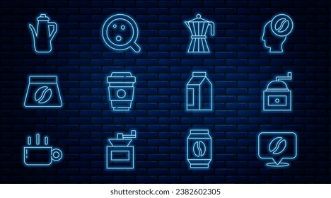 Ajuste la línea Ubicación con grano de café, molino manual, olla de café moca, taza para ir, granos de bolas, tetera e icono. Vector