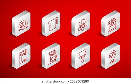 Set line Location with coffee bean, Coffee pot, branch, machine, V60 maker, and conversation,  and  icon. Vector