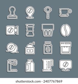 Set line Location with coffee bean, Coffee machine, beans, filter holder, Pour over maker, Street signboard, tamper and Glass water icon. Vector