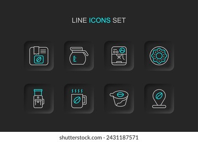 Set line Location with coffee bean, Pour over maker, Coffee cup, Electric grinder, Donut, machine, pot and Bag beans icon. Vector