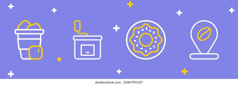 Set line Location with coffee bean, Donut, Manual grinder and Iced icon. Vector