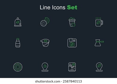 Set line Location with coffee bean, Coffee machine, cup, Donut, turk, Bag beans, Pour over maker and Milk bottle icon. Vector