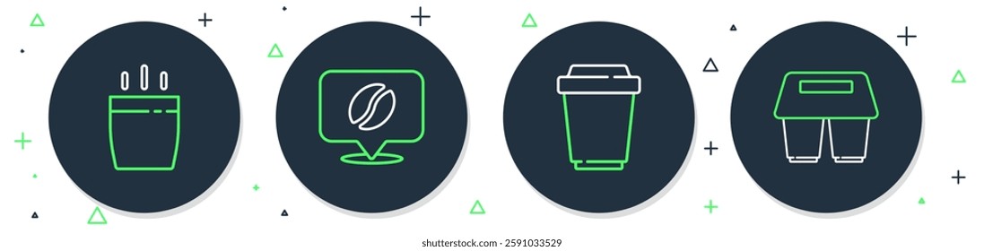 Set line Location with coffee bean, Coffee cup to go,  and  icon. Vector