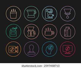 Set line Location with coffee bean, Bag beans, Coffee machine, Pour over maker, Manual grinder, cup,  and V60 icon. Vector