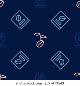Set line Location with coffee bean, Coffee book and beans on seamless pattern. Vector