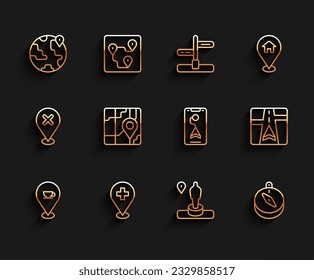 Set line Location with coffee cup, Medical location cross, the globe, and monument, Compass, City map navigation, Gps device and  icon. Vector