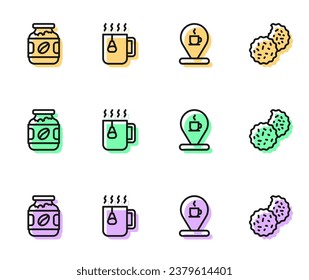Set line Location with coffee cup, Coffee jar bottle, Cup tea bag and Cookie or biscuit icon. Vector
