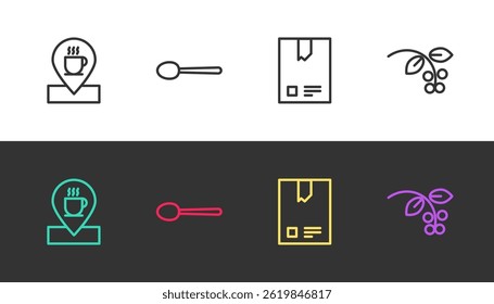 Set line Location with coffee cup, Spoon, Bag beans and Coffee bean, branch on black and white. Vector