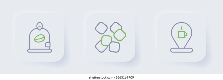 Set line Location with coffee cup, Sugar cubes and Bag beans icon. Vector