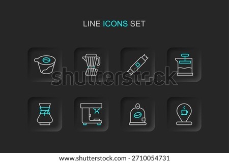 Set line Location with coffee cup, Bag beans, Coffee machine, Pour over maker, French press, Sugar stick packets, moca pot and  icon. Vector