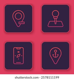 Set line Location, Compass mobile, Push pin and with anchor. Blue square button. Vector