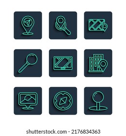 Establezca la ubicación de línea, la brújula, el pasador de inserción, la navegación del mapa de la ciudad, el dispositivo Gps con y el icono de la casa. Vector