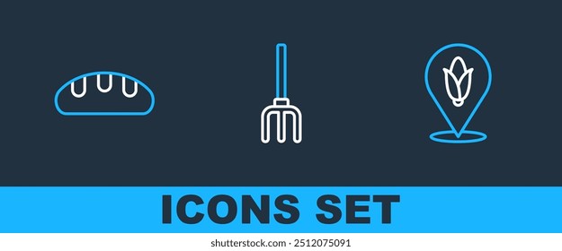 Set line Location corn, Bread loaf and Garden pitchfork icon. Vector