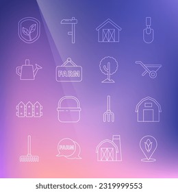 Set line Location corn, Farm house, Wheelbarrow, Signboard with text, Watering can, Shield leaf and Tree icon. Vector