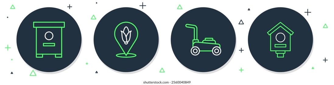 Set line Location corn, Lawn mower, Hive for bees and Bird house icon. Vector