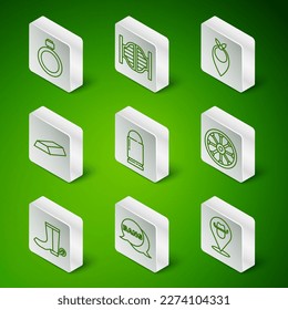 Set line Location cowboy, Bang boom, gun Comic, Canteen water bottle, Bullet, Gold bars, Saloon door, Cowboy boot and Old wooden wheel icon. Vector