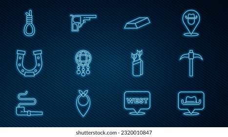 Set line Location cowboy, Pickaxe, Gold bars, Dream catcher with feathers, Horseshoe, Gallows rope loop hanging, Quiver arrows and Revolver gun icon. Vector