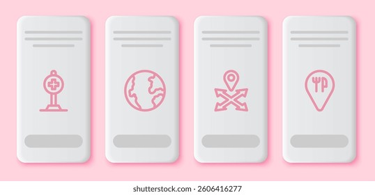 Set line Location with cross hospital, Earth globe,  and Cafe and restaurant location. White rectangle button. Vector