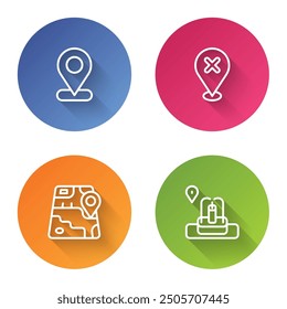 Set line Location, with cross mark, City map navigation and fountain. Color circle button. Vector